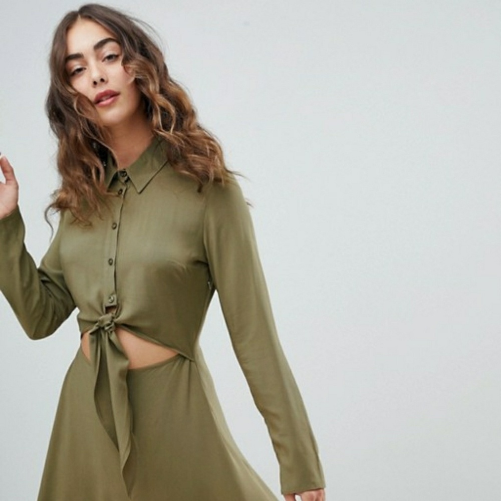 Olive green tie front dress